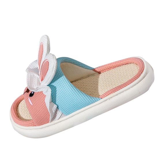 Pink Breathable Linen Slip-Ons For Women With Thick Soft Sole Cartoon Rabbit Pattern Non-Slip Ideal For Home And Garden