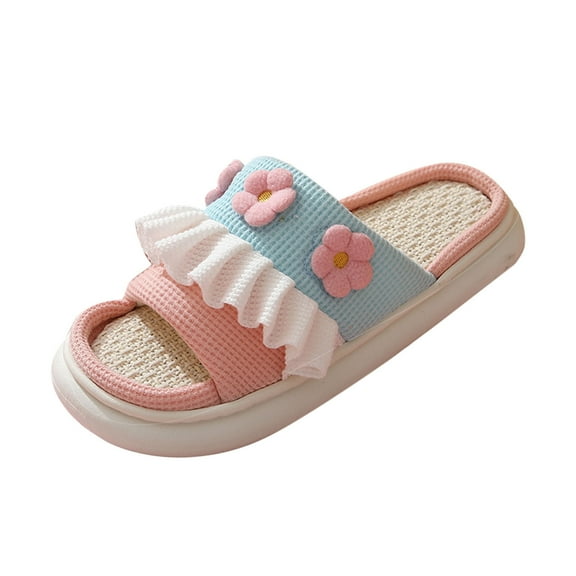 Pink Breathable Linen Slip-Ons For Women With Thick Soft Sole Floral Pattern Non-Slip Perfect For Home And Garden