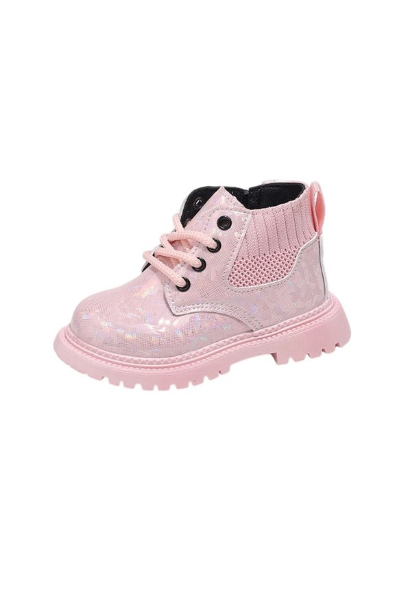 Pink British Style All Seasons Ankle Boots Front Lace Up Shiny Pu Leather Casual For Little Kids