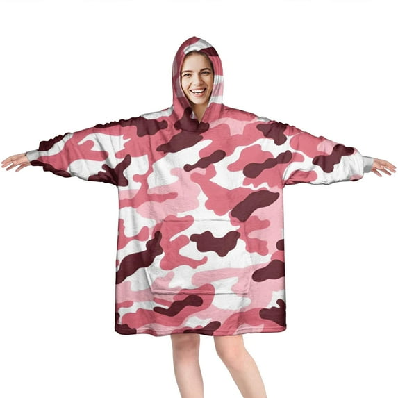 Pink Brown Camo Classic Shapes Pattern Wearable Oversized Blanket,Wearable Blanket Hoodie for Adults,Cozy Hooded Blankets with Super Pockets,Super Warm Fuzzy Pullover for Women & Men