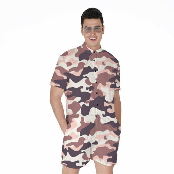 Pink Brown Camouflage Short Sleeve Men'S Rompers Casual Summer Jumpsuits Outfit