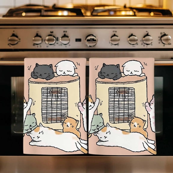 Pink Brown Cute Cat Kitchen Towels Set of 4, Cartoon Funny Heater Cats Absorbent Dish Towels for Kitchen, Microfiber Hand Towel, Quick Drying Tea Towel for Cleaning Decorative Dishcloths
