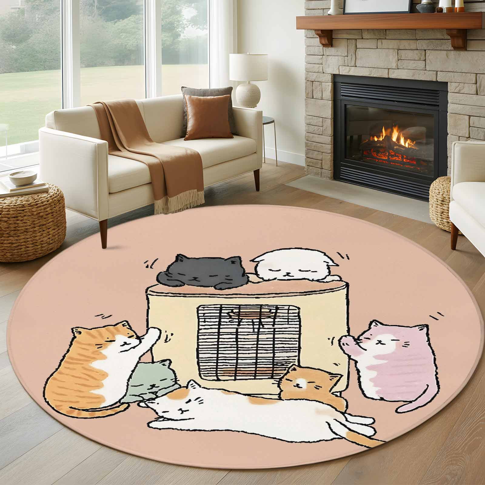 Pink Brown Cute Cat Round Area Rug 7Ft Washable Circle Rugs for Dorm ...