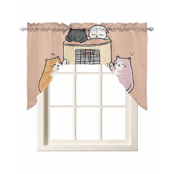 Pink Brown Cute Cat Swag Valances for Windows, Small Curtains Drapes, Cartoon Funny Heater Cats Kitchen Window Curtains Over Sink Rod Pocket Window Treatment Valance for Bedroom/Bathroom 56"x36"
