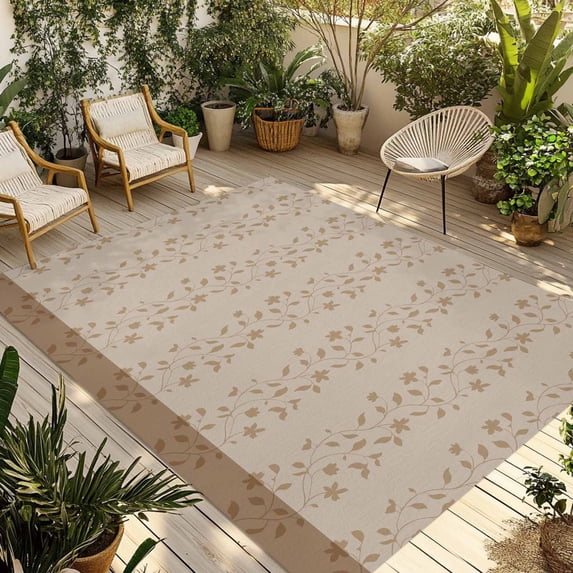 Pink Brown Floral Outdoor Rug for Patio/Deck/Porch, Non-Slip Large Area Rug 5 x 7 Ft, Spring Flowers Indoor Outdoor Rugs Washable Area Rugs, Reversible Camping Rug Carpet Runner