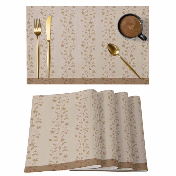 Pink Brown Floral Placemats Set of 4, Spring Flowers Placemats for Dining Table, Place Mats for Kitchen Tabletop, Waterproof Wipeable Dining Table Mats Set