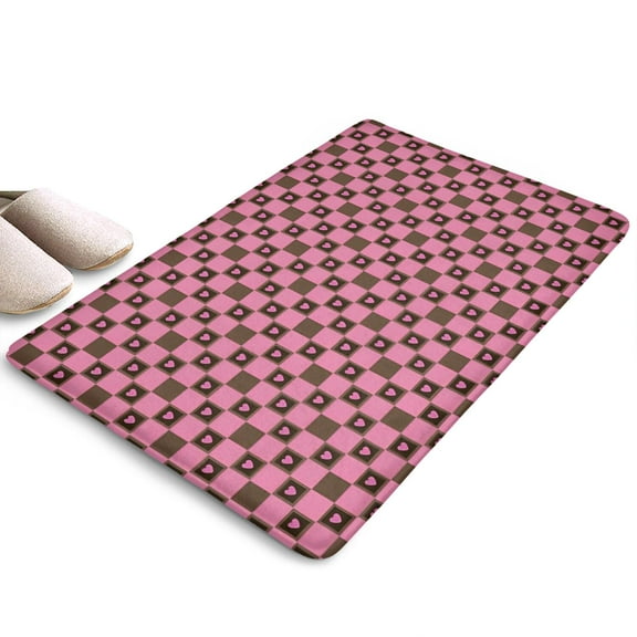 Pink Brown Heart Checkered Flannel Non Slip Door Rugs,Washable Door Mats Indoor,Decorative Door Mats,Dirt-Resistant and Absorbent Doormat for Entrance,Bedroom,Kitchen,Bathroom,23.5"x16"