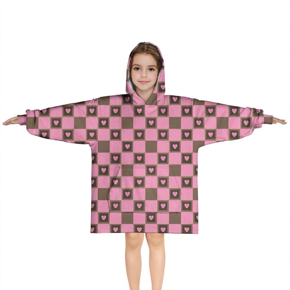 Pink Brown Heart Checkered Pattern Blanket Hoodies for Kids 6-13YR Oversize Wearable Blanket Hoodies for Boys Girls Teens
