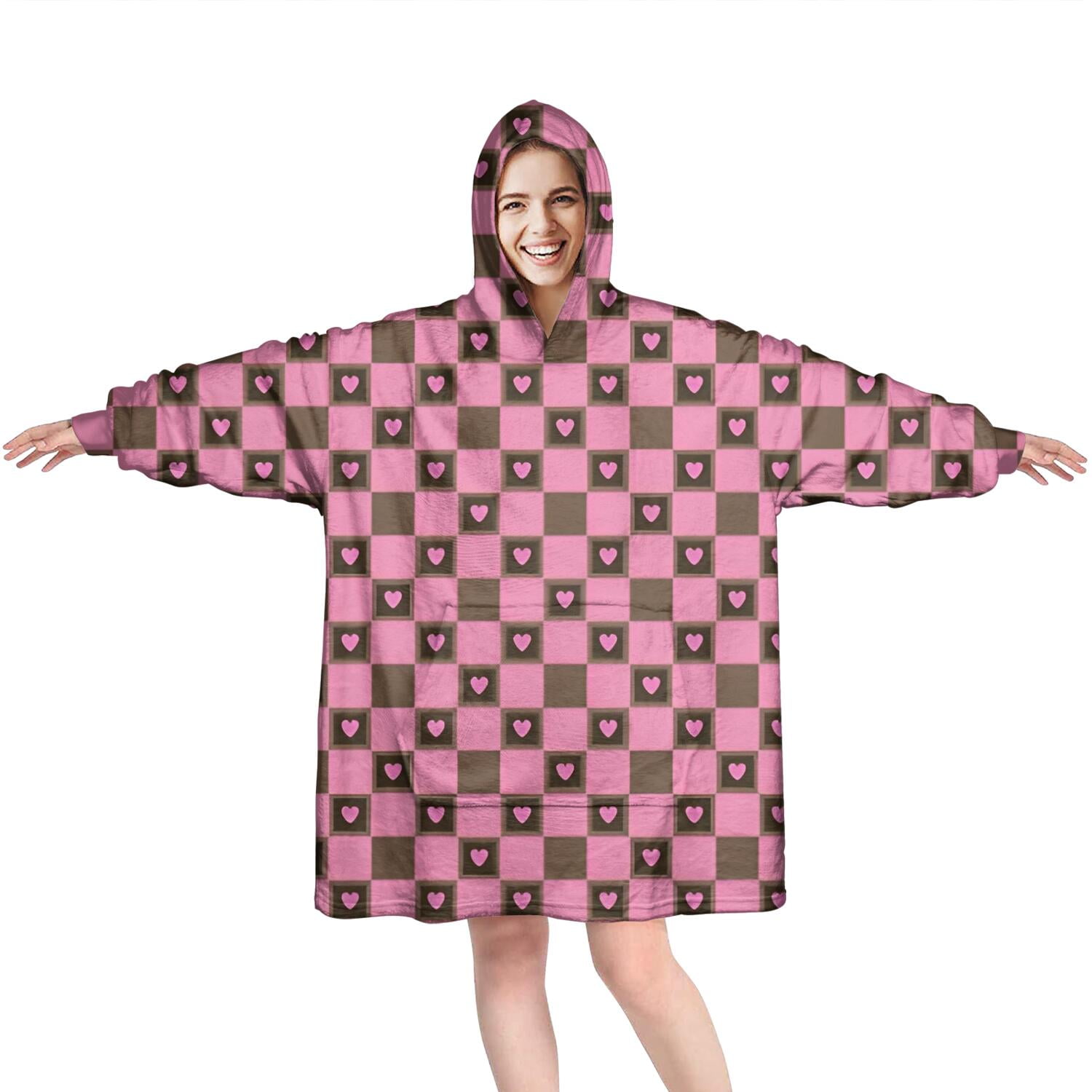 Pink Brown Heart Checkered Pattern Wearable Oversized Blanket,Wearable Blanket Hoodie for Adults,Cozy Hooded Blankets with Super Pockets,Super Warm Fuzzy Pullover for Women & Men