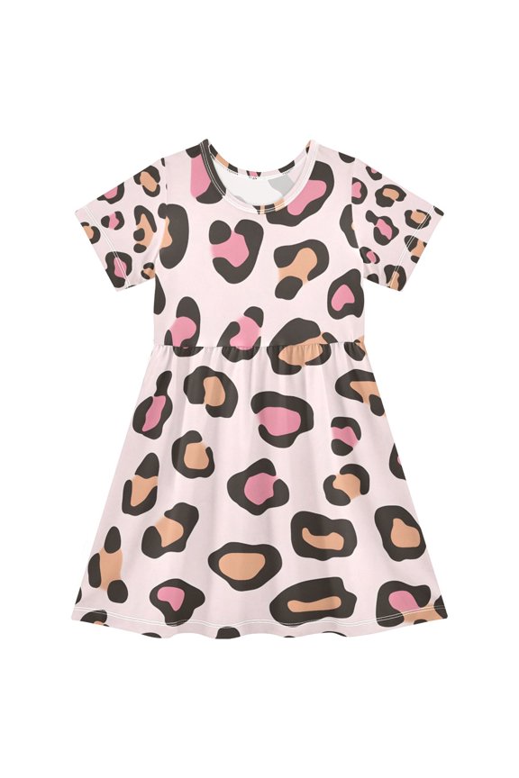 Pink Brown Leopard Pattern Girls Short Sleeve Dress A Line Sun Protection Breathable Comfort Sundress 3T