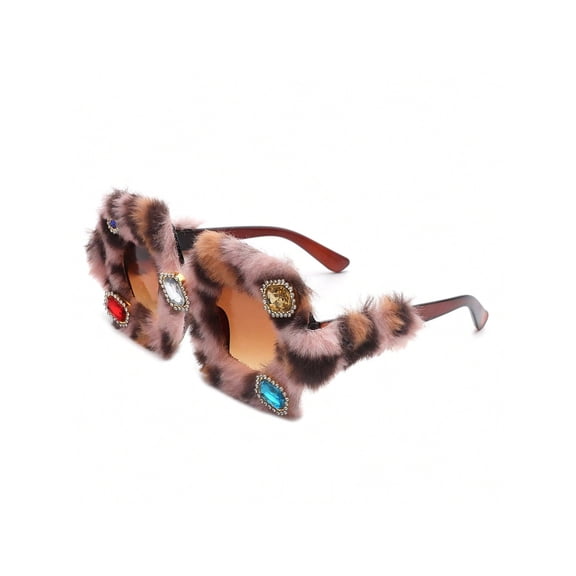 Pink & Brown Leopard Print Furry Sunglasses with Colorful Gem Detail, UV400 Protection Brown Lens Shades, Stylish Fashion Sunglasses for Daily Wear
