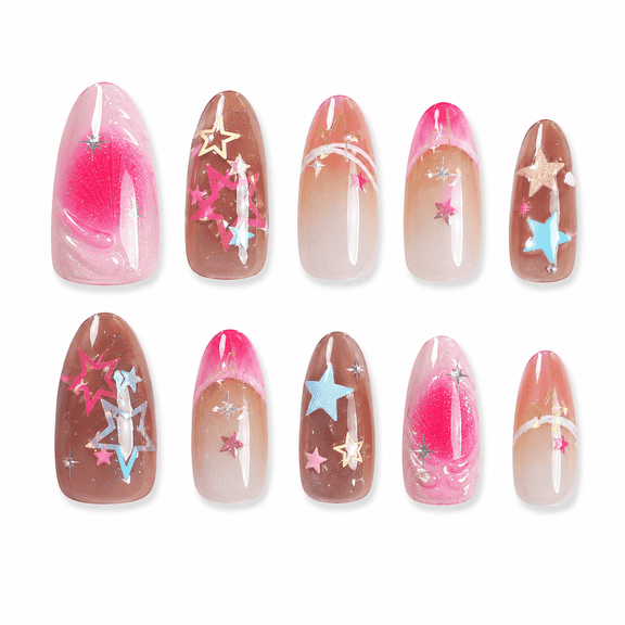 Pink Brown Star Shell Press on Nails, Medium Almond Glossy False Nails with Ombre Detail, 30 Count