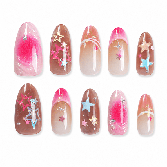 Pink Brown Star Shell Press on Nails, Medium Almond Glossy False Nails with Ombre Detail, 30 Count