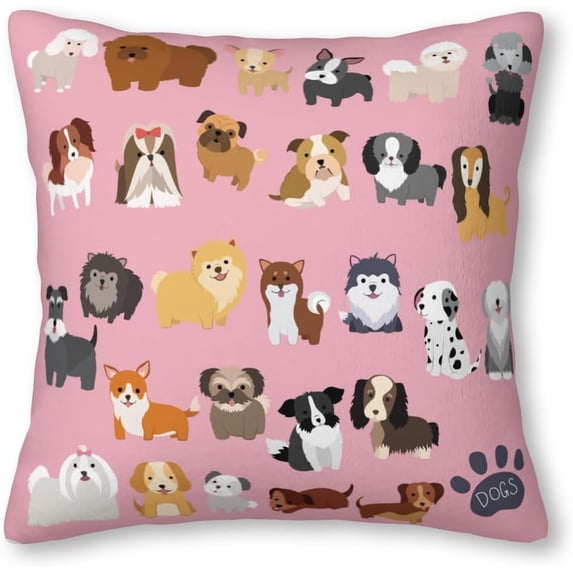 Pink Brown White Black Dog Spotted Puppy Drawn Fluffy Dog Pillow Covers Pillowcases Home Decor Bed Couch Sofa Office Living Room Cushion for Dog Lovers Gifts 18x18Inch