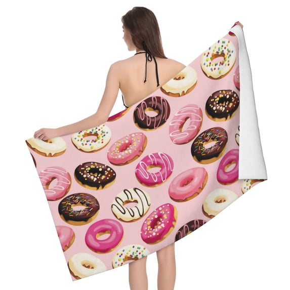 Pink Brown White Donut Print Bath Towel, Highly Absorbent towels for bathroom Quick Drying Microfiber Bath Towels for Body, Soft Shower Towels for Sport, Yoga, SPA, Gym 27x55in