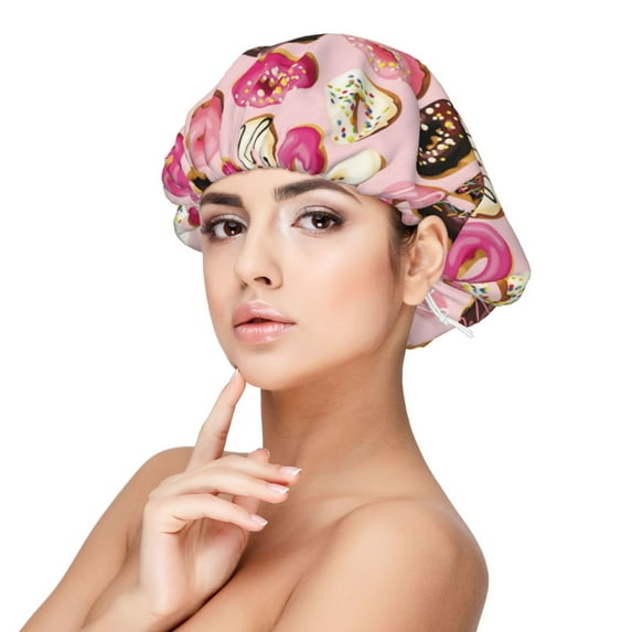 Pink Brown White Donut Print Silk Bonnet for Sleeping Women/Men, Adjustable Elastic Satin Bonnet Bonnet for Sleeping, Soft Similar Silk Curly Hair Bonnet for Sleeping