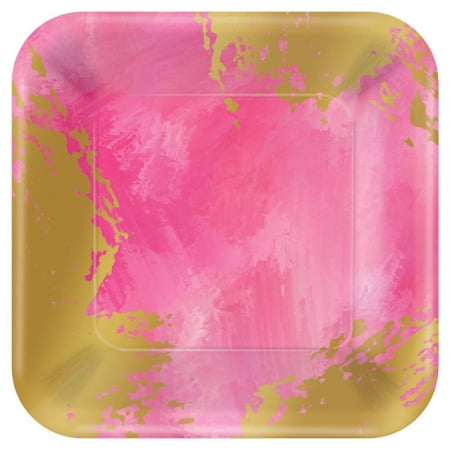 Pink Brushstroke Gold Metallic Modern Theme Party 7" Square Paper Dessert Plates