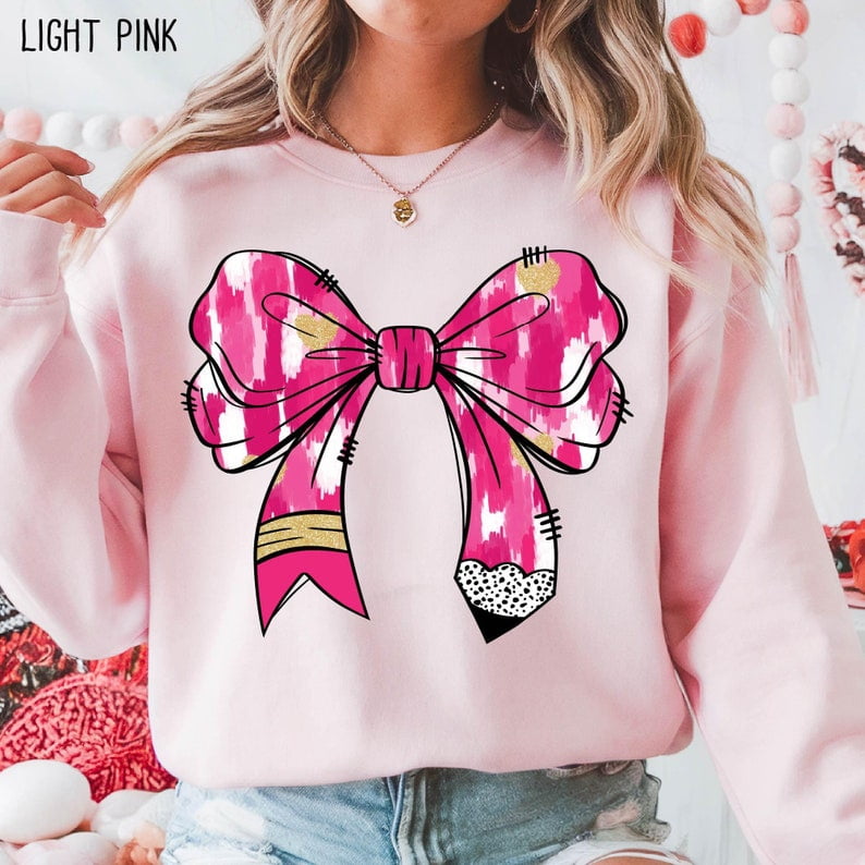 Pink Brushstroke Pencil Bow Shirt, Teacher Valentine Coquette Bow