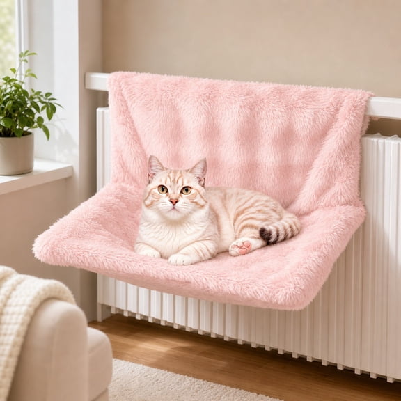 Pink Bubble Fleece Cat Window Hammock, L-Shape Hanging Pet Bed Shelf with Washable Soft Cushion, No-Drill Mount