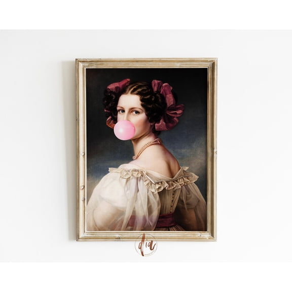 Pink Bubblegum Altered Art Portrait Renaissance Eclectic Girly Wall Decoration, Unframed Paper Poster 8x10in