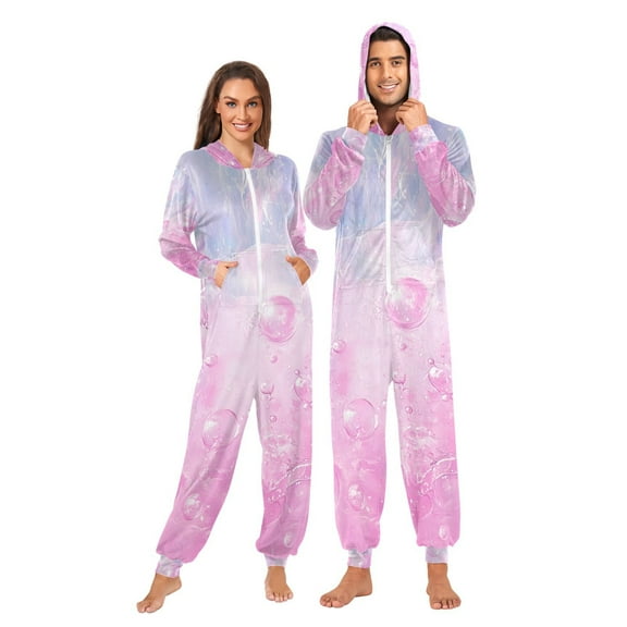 Pink Bubbles Adult Onesie Pajamas Slim Fit Christmas One Piece Suit Pjs for Women and Men Hooded Zipper