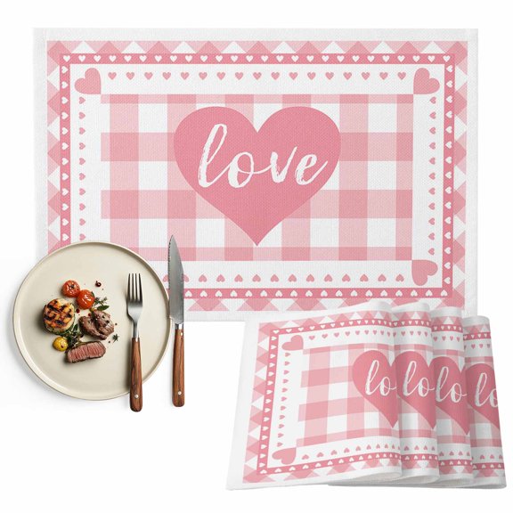 Pink Buffalo Check Plaid Love Hearts Placemat of 1 PC, Pink White Table Mats Washable Heat-Resistant Non-Slip Place Mats for Kitchen Dinner Table Indoor Outdoor Decor,13x19 Inch