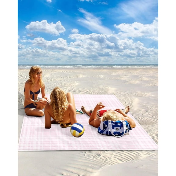 Pink Buffalo Checked Plaid Beach Blanket Waterproof Sandproof Large Picnic Mat with Stakes for Camping Hiking Travel