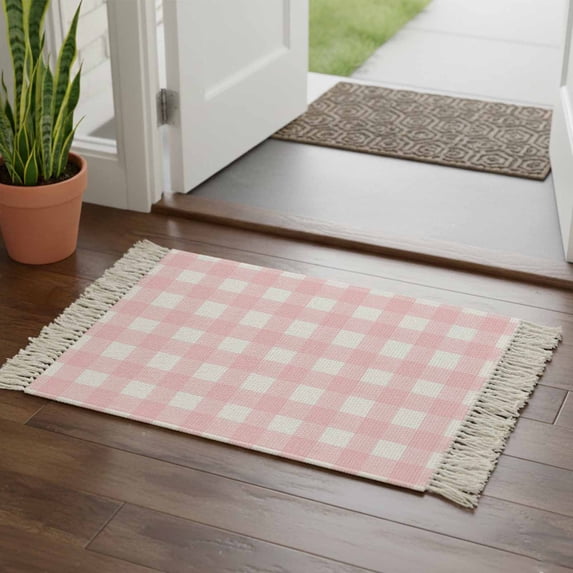 Pink Buffalo Plaid Bathroom Rug 2'x3', Farmhouse Pink White Checkered Low Profile Front Entryway Rug with Tassels, Woven Cotton Washable Kitchen Mat Carpet for Foyer Bedroom Back Door Decor