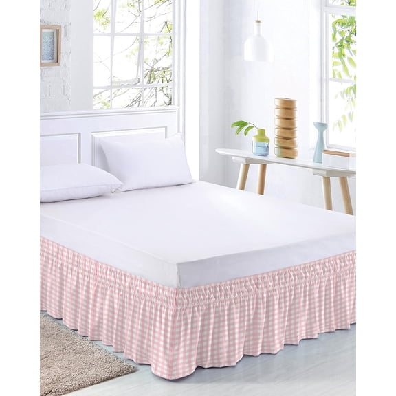 Pink Buffalo Plaid Bed Skirt King Size 18 Inch Drop Adjustable Elastic Dust Ruffle Farmhouse Wrap Around Cover