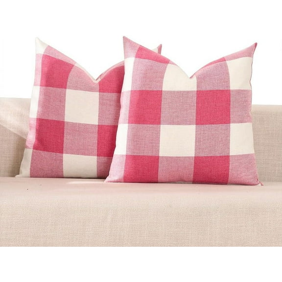 Pink Buffalo Plaid Couch Pillow Covers 18x18 Set of 2 Outdoor Hot Pink Decorative Farmhouse Checkered Linen Throw Pillow Covers 18 x 18 for Bed Room Couch Patio and Yard