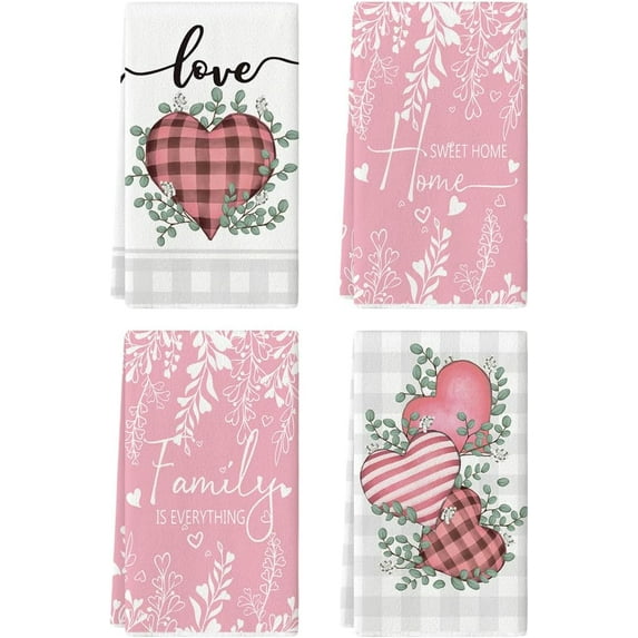Pink Buffalo Plaid Heart Love Valentine''s Day Kitchen Towels Dish Towels, 18x26 Inch Farmhouse Wedding Decoration Hand Towels Set of 4