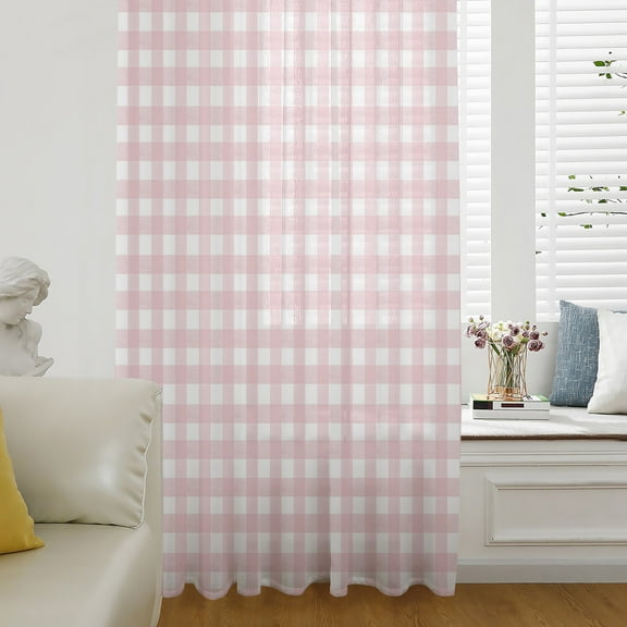 Pink Buffalo Plaid Semi Sheer Curtains Drapes for Living Room, Bedroom, French Doors Window 72 Inches Long, Farmhouse Pink White Checkered Rod Pocket Chiffon Curtain Drapery Voile Draperies Panel