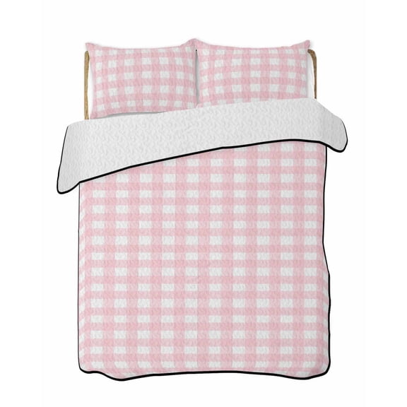 Pink Buffalo Plaid Summer Quilt Set Full Size, Soft Microfiber Quilted Bedding Set with 2 Pillow Shams, Farmhouse Pink White Checkered Lightweight All Season Bedspread Coverlet for Bedroom 78"x90"