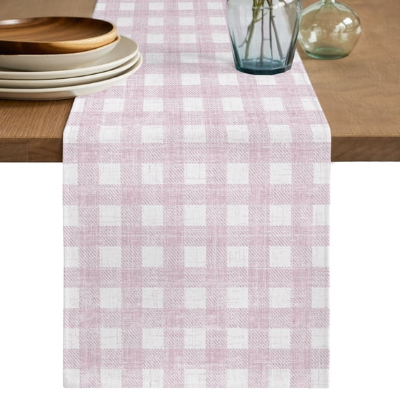 Pink Buffalo Plaid Table Runner 120 Inches Long,Farmhouse Checked Vintage Geometric Art Cotton Linen Table Runners Dresser Scarves,Fabric Tabletop Scarf Furniture Cover for Home Dinner Party 13"x120"