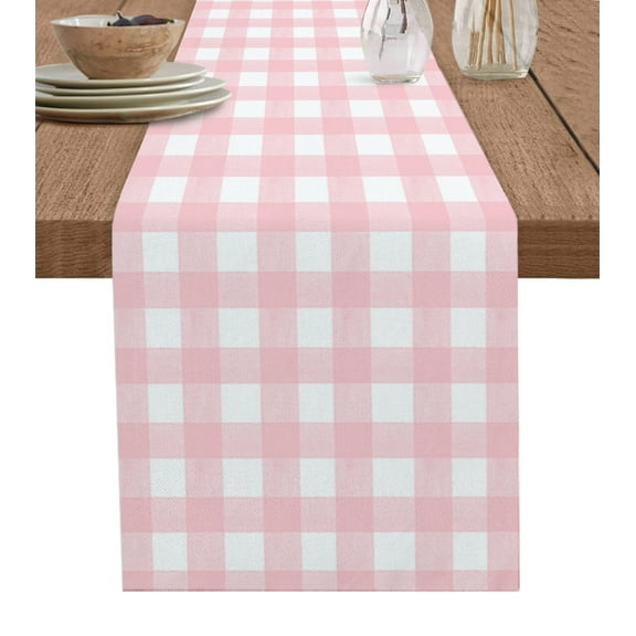 Pink Buffalo Plaid Table Runner Farmhouse Pink White Checkered Tablerunners 13 x 90 Inch, Table Decorations Tabletop Scarf for Summer Gathering Holiday Farmhouse Kitchen Dining Decor