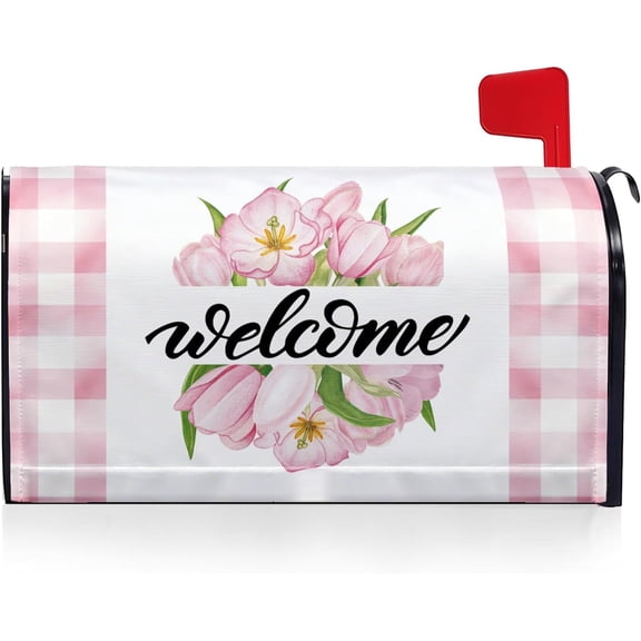 Pink Buffalo Plaid Tulip Flower Mailbox Covers Magnetic Standard Size 18x21 Inch, Rustic Pink Floral Mailbox Wraps Post Letter Box Cover Decorations for Holiday Garden Yard Decor