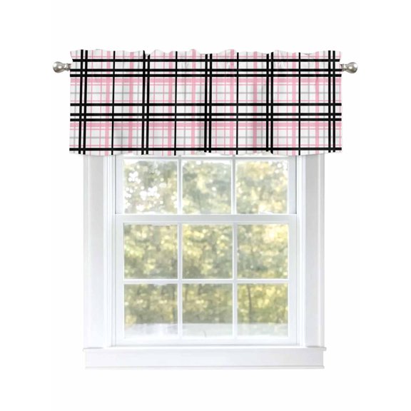 Pink Buffalo Plaid Valances for Windows, Rod Pocket Kitchen Valance Curtains - Soft & Washable Small Window Treatment for Living Room, Bathroom, Black Check Stripe 54x18inch, 1 Panel