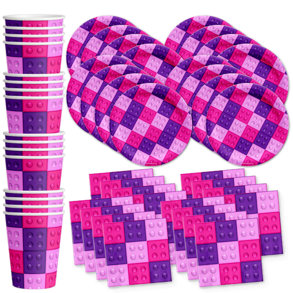 Pink Building Blocks Birthday Party Supplies Set Plates Napkins Cups Tableware Kit for 16