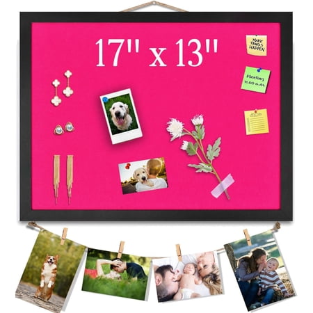 Pink Bulletin Boards Cork Board with Felt, 17"x13" Small Display Pin Board Vision Board for Walls, Jewelry, Notes, Collection, Photos, Office, Wood Framed(Black) & Felt(Pink), 1pc