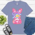 thumbnail image 1 of Pink Bunny Bow Graphic T-Shirt | Hand-Painted Pastel Rabbit Tee for Women, Lavender, L, 1 of 6