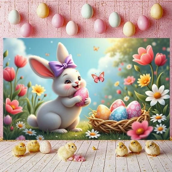 Pink Bunny Easter Banner Colorful Letters Peeps Backdrop Easter Eggs Carrot Decor Bunny Display for Easter Party Spring Celebration Kids Event