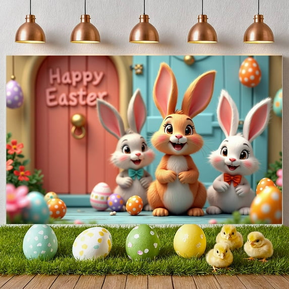 Pink Bunny Easter Banner Colorful Letters Peeps Backdrop Easter Eggs Carrot Decor Bunny Display for Easter Party Spring Celebration Kids Event