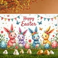 thumbnail image 1 of Pink Bunny Easter Banner Colorful Letters Peeps Backdrop Easter Eggs Carrot Decor Bunny Display for Easter Party Spring Celebration Kids Event, 1 of 4