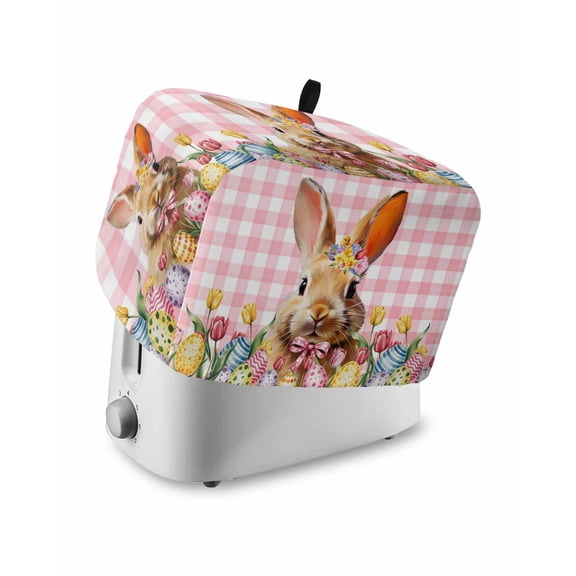 Pink Bunny Easter Small Toaster Cover 2 Slice, Kitchen Appliance Covers, Tulip Spring Floral Eggs Checkered Pastoral Toaster Oven Cover with Loop, Bread Machine Cover Polyester Dust Cover Protection