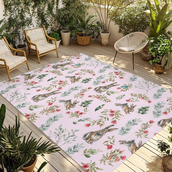 Pink Bunny Floral Easter Outdoor Rug for Patio/Deck/Porch, Non-Slip Large Area Rug 3 x 5 Ft, Elegant Pastoral Spring Floral Rabbits Indoor Outdoor Rugs Washable Area Rugs, Camping Rug Carpet Runner