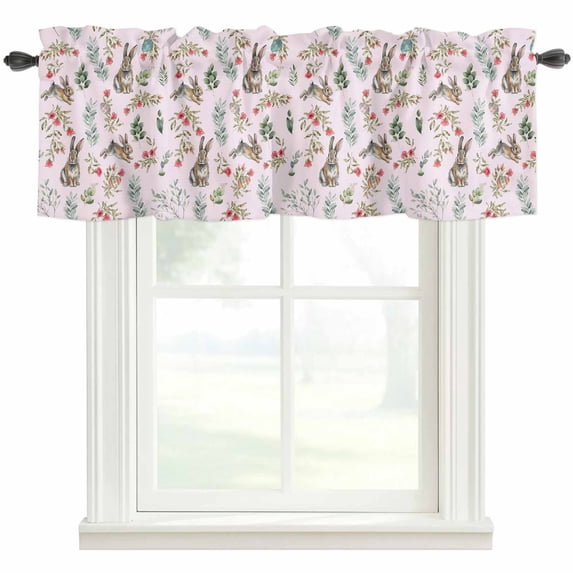 Pink Bunny Floral Easter Rod Pocket Curtain Valance, Elegant Pastoral Spring Floral Rabbits Farmhouse Window Valance for Living Room, Bedroom, Kitchen 54"W x 18"L