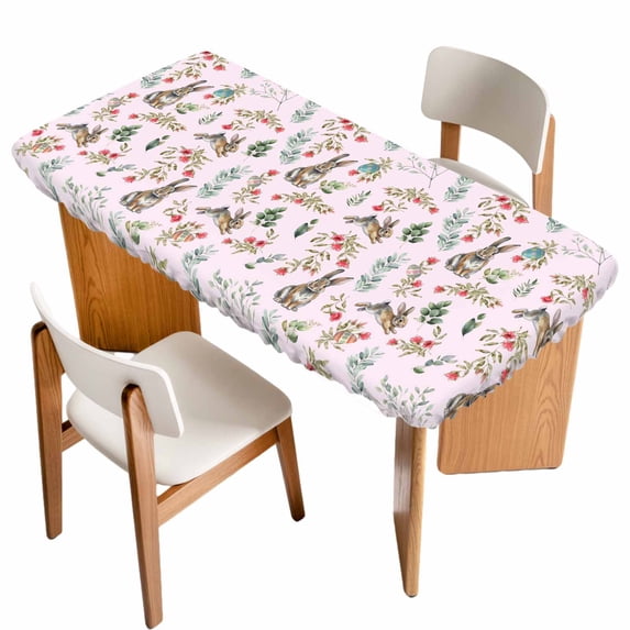 Pink Bunny Floral Easter Table Cloths for 3 Foot Rectangle Tables, Elegant Pastoral Spring Floral Rabbits Patio Waterproof Elastic Fitted Tablecloths, Washable Rectangular Table Cover for Camping