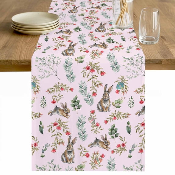 Pink Bunny Floral Easter Table Runner - 90 Inch Long Elegant Pastoral Spring Floral Rabbits Cotton and Linen Blended Dress Scarves Farmhouse Table Runner for Kitchen Dining, Coffee Table, 13" x 90"