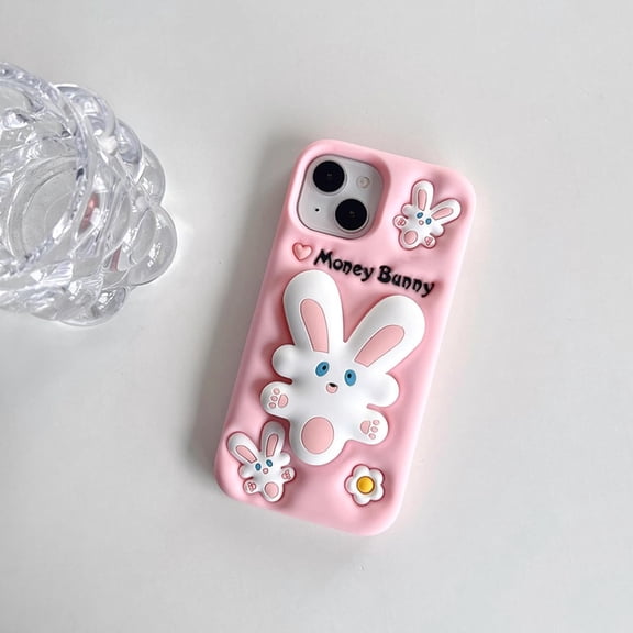 Pink Bunny Phone Case Compatible with iPhone 15, Cute 3D Korea Dopamine Rabbit Case with Bunny Telescopic Hold Stand Shockproof Silicone Soft Case
