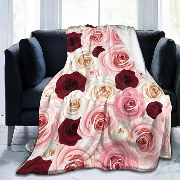 Pink Burgundy Pretty Rose Flower Blanket, Soft Blankets Flannel Bed Throw Cozy Lightweight Plush Gifts for Women Girls Sofa Couch Bedroom Living Rooms Warm All Season, Home Decor, 60"x50"